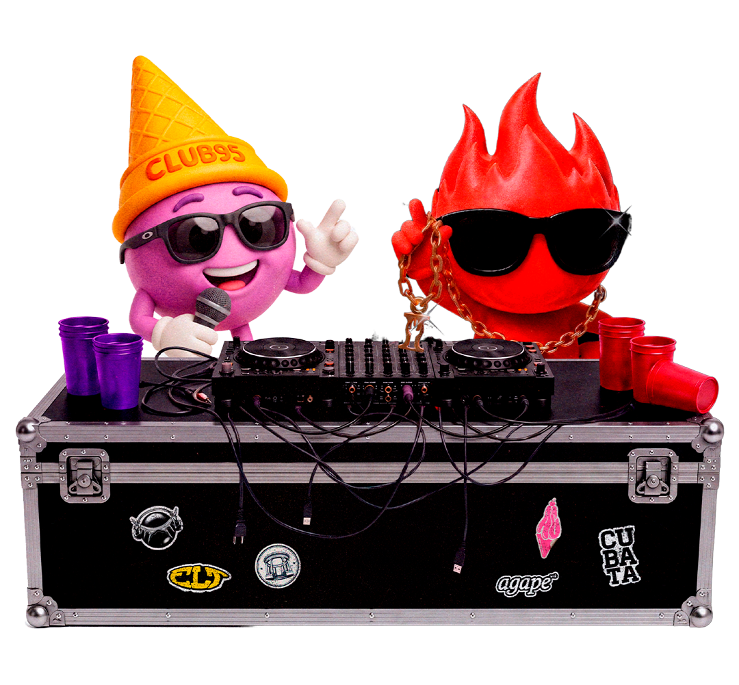 Mascotas Club 95 en cabina de DJ — Gira 2026